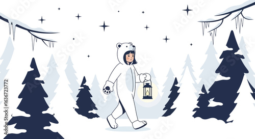 Girl In A Bear Costume Walking With A Lantern Through A Snowy Forest