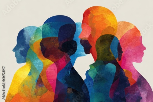 Diversity and inclusion concept with colorful silhouettes merging into unified shape 