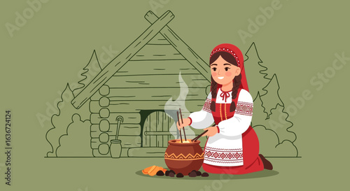 Girl Prepares Traditional Meal In Village With Wooden House Background
