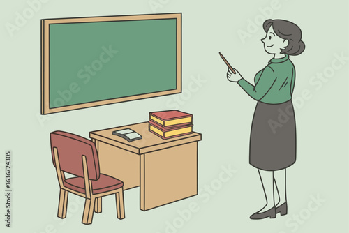 Cartoon Teacher with Book Standing by Chalkboard and Desk Filled Classroom Scene Creating a School Learning Environment