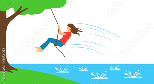 Girl Swinging From Tree Rope Over Water Summer Fun Cartoon Graphic