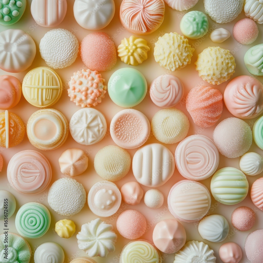 Fototapeta premium Pastel Candy Collection. Gourmet Sweets, Flat Lay, Soft Focus, Creamy Textures, Elegant Food Photography.