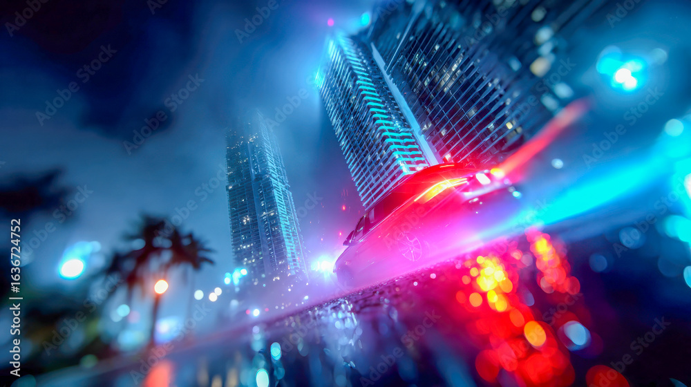 Obraz premium Futuristic skyscrapers glow in neon pink and blue under thick fog in a cyberpunk-style cityscape
