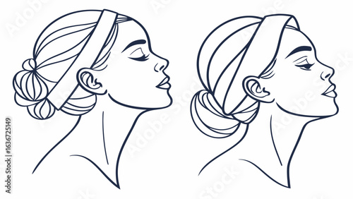 Two side profile line drawings of women with headbands and buns looking upwards with closed eyes created with generated ai