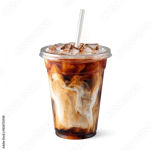 Iced coffee with swirling cream in plastic cup with straw