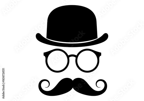 Vector art of silhouette of a gentleman with a bowler hat, mustache, and round glasses for a vintage or hipster style