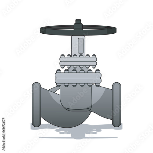 Industrial globe valve front view vector used in fluid regulation systems. Common in HVAC, oil gas, and water systems. Suitable for technical, engineering, and schematic illustrations.