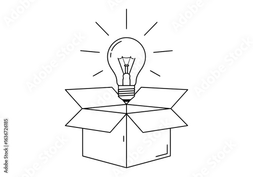 Vector art of a light bulb shines brightly from an open box, symbolizing new ideas and creative solutions