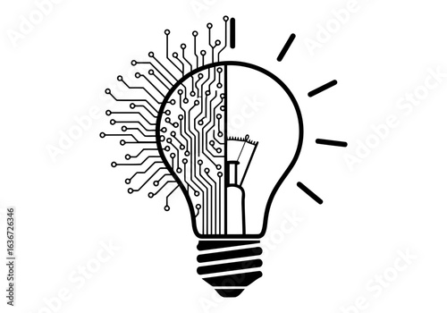 Vector art of light bulb combined with a circuit board representing artificial intelligence and technological innovation