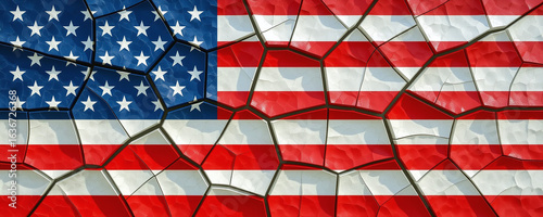 Abstract artistic design of the American flag, with a cracked and textured look.
