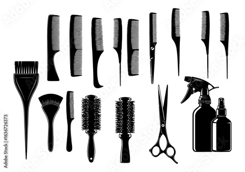 Vector art of collection of essential hairdressing tools and equipment for professional salon styling and hair care