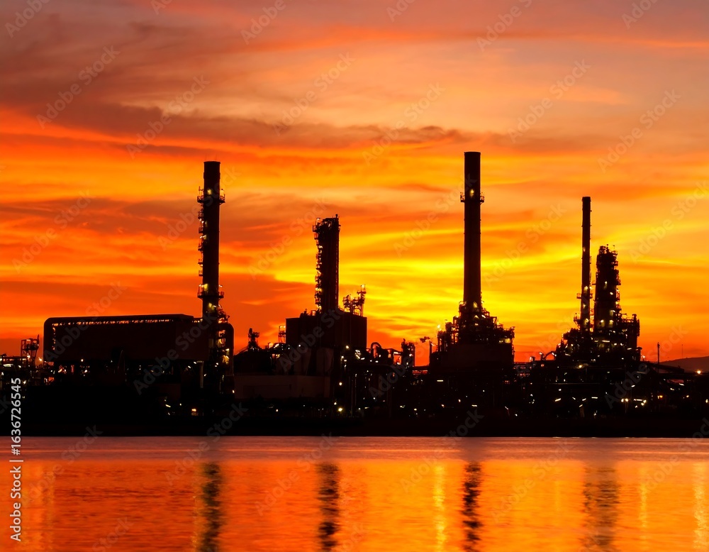 Naklejka premium Silhouette of industrial complex at sunset over water