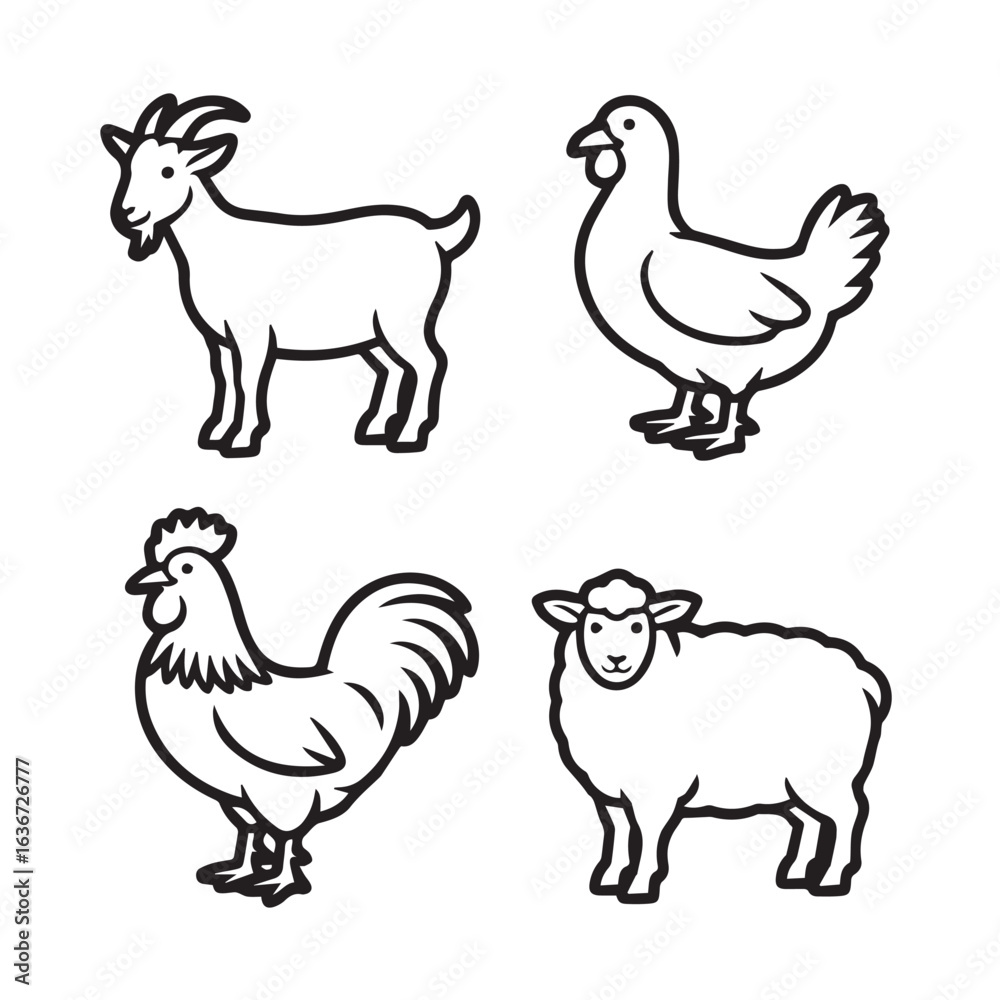 Fototapeta premium Set of farm animals including a goat, chicken, rooster, and sheep, depicted in a simple line art style, isolated on white background