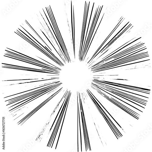 Radial burst pattern featuring black lines emanating from a central white circle in a dynamic design