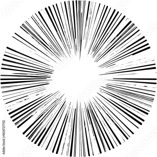 Radial burst pattern with thick black lines emanating from a central white circle design element art