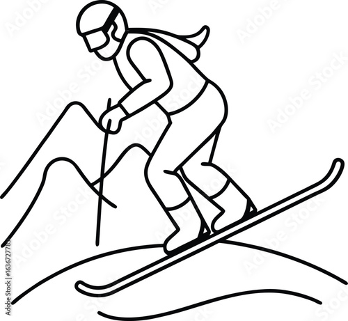 Dynamic line art illustration of a person skiing downhill