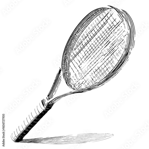 Illustration of a tennis racket with visible strings and handle, casting a shadow on a white background