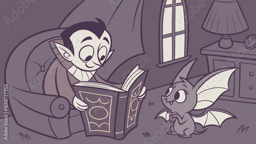 A friendly cartoon vampire reads a book to a small bat in a cozy room creating a heartwarming scene of interspecies companionship and learning