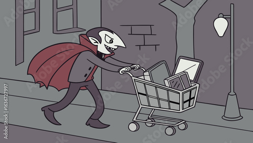 A cartoon vampire with a red cape pushes a shopping cart filled with electronics down a dimly lit street at night