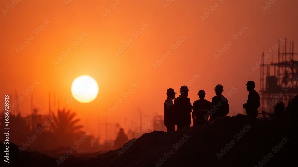 Fototapeta premium Silhouetted construction workers converse against a vivid sunset backdrop at a bustling site