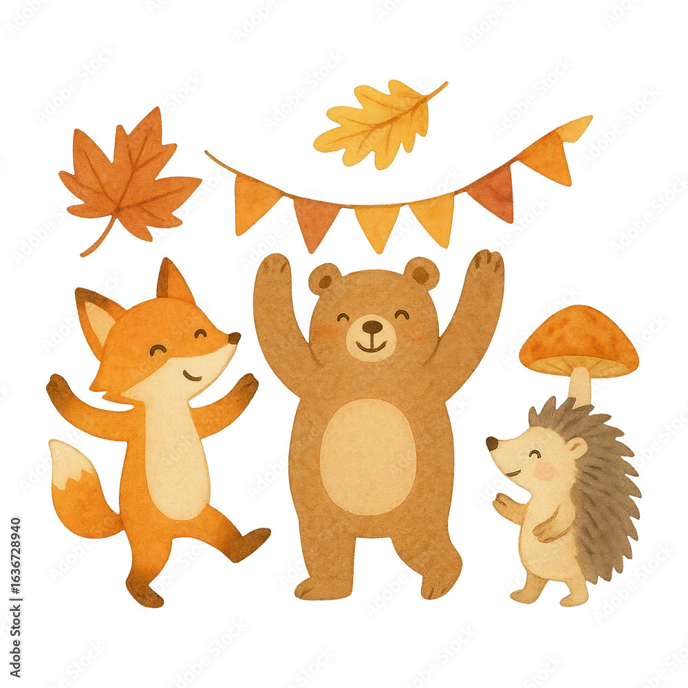 Fototapeta premium PNG Cute woodland animals celebrating autumn.
