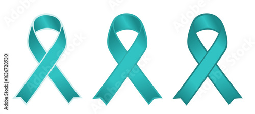 Set of three teal color awareness ribbons representing ovarian cancer, sexual abuse, food allergies, Post-traumatic Stress Disorder, Obsessive–compulsive disorder and other awareness campaigns and eve