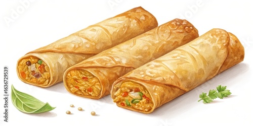 Golden Egg Rolls, Watercolor Illustration, Asian Cuisine, Spring Rolls, Egg Roll Recipe