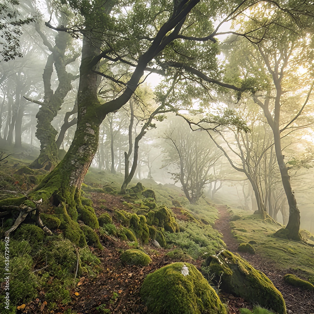 Fototapeta premium Misty Forest Path with Moss Covered Trees