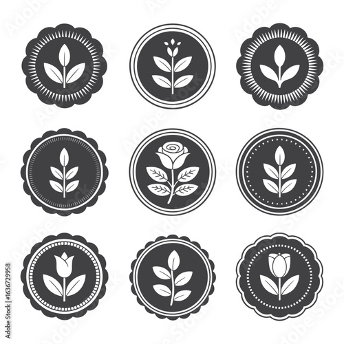 Floral Badge Icons, Decorative Flower Emblem Vector Set