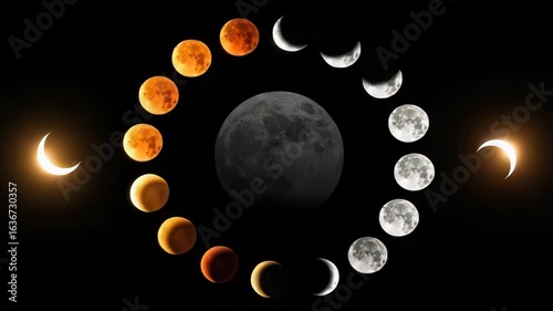 The captivating cycle of lunar phases unfolds, showcasing the moons transformation from a bright crescent to a full orb and back again, interspersed with the dramatic hues of a lunar eclipse
