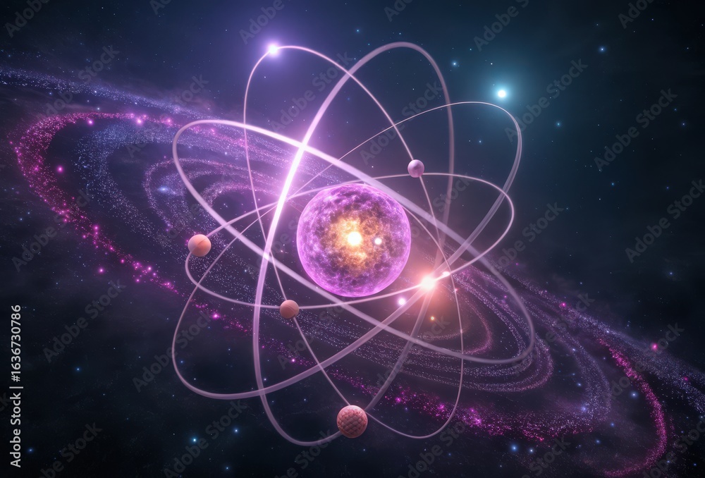 Obraz premium An atom model with glowing nucleus and orbiting electrons in space