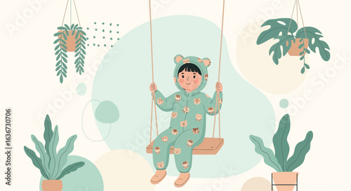 Illustration of a child in pajamas on a swing with plants and abstract shapes around it