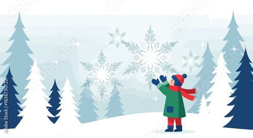 Illustration of a child playing in a snowy forest surrounded by snowflakes and winter trees