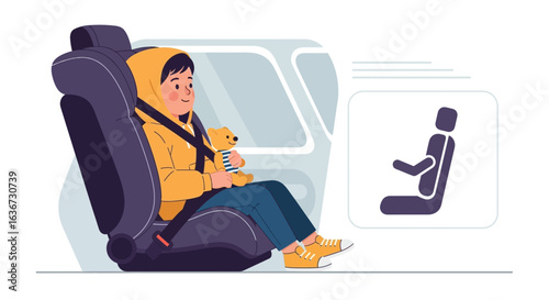Illustration of a child properly secured in a car seat with a safety belt and teddy bear ensuring passenger safety