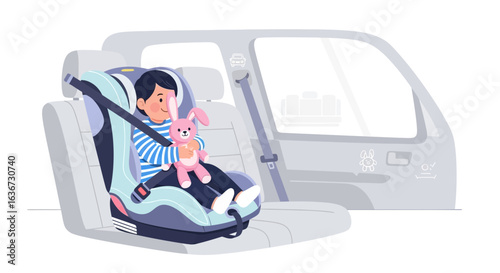 Illustration of a child securely fastened in a car seat with a toy bunny symbolizing road safety