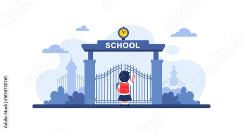 Illustration of a child with a backpack at the school entrance welcoming back to school time