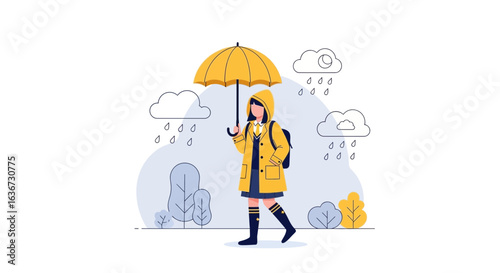Girl With Umbrella In Yellow Raincoat During Rainy Day Vector Illustration