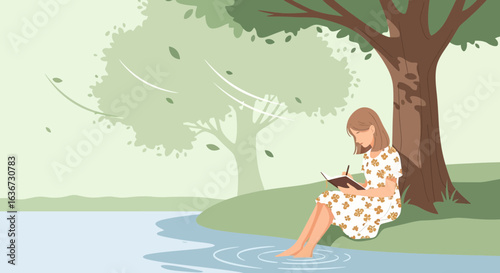 Girl Writing In A Book By The River On A Summer Day Relaxation Scene