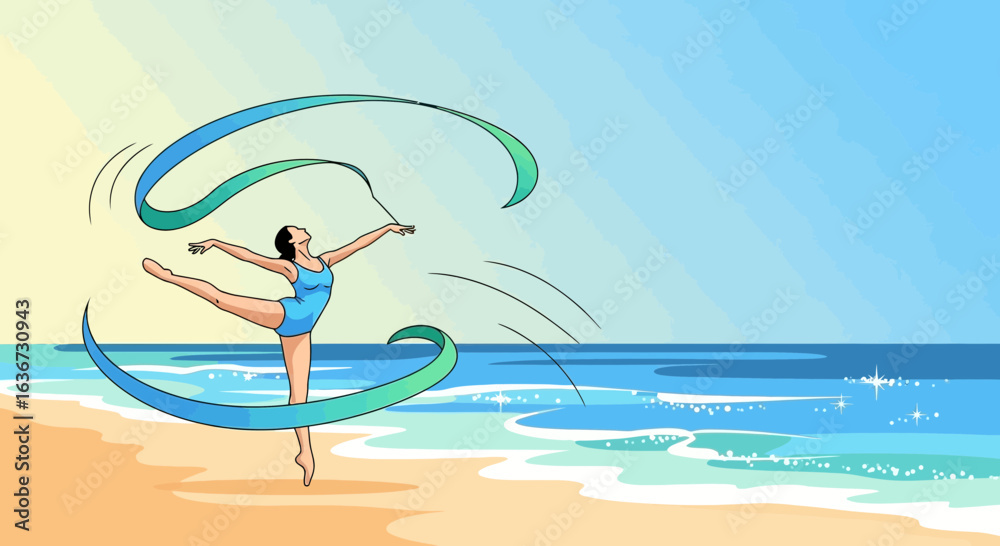Graceful rhythmic gymnast performing with a ribbon on a serene beach landscape scene Graceful rhythmic gymnast performing with a ribbon on a serene beach landscape scene