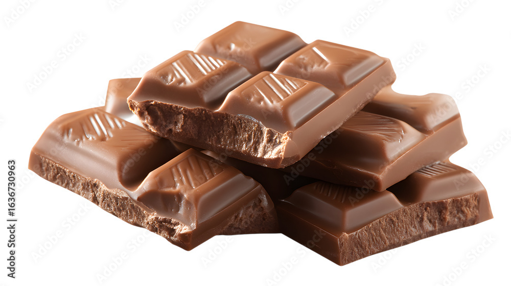 Obraz premium Indulge in Decadence A Tempting Stack of Milk Chocolate Squares Against a Transparent Backdrop of Pure Delight