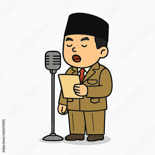 Ilustrasi Chibi Proklamator Membaca Teks Proklamasi Kemerdekaan Indonesia di Mikrofon – Soekarno Tahun 1945