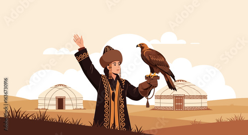 Golden Eagle And Falconer Amidst Traditional Kazakh Yurts Landscape Illustration