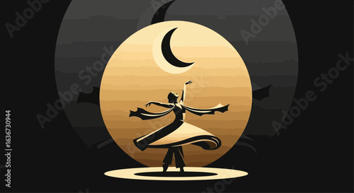 Graceful Whirling Dervish Silhouette Against Lunar Gold Backdrop Vector Art