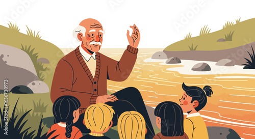 Grandfather Telling A Story To Group Of Children By The Riverbank Nature