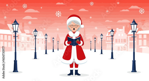 Grandma Claus Caroling In A Snowy Town Square During The Christmas Season