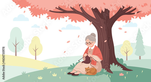 Grandmother Knitting Underneath A Blooming Tree Relaxing On Beautiful Autumn Day