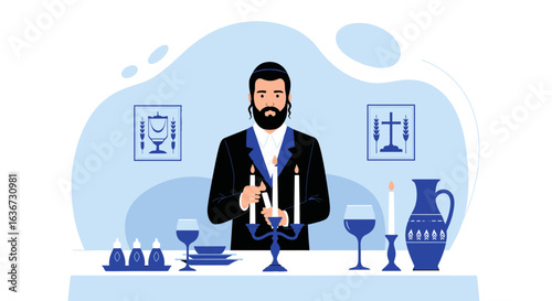 Jewish Man Lighting Candles Preparation for a Religious Celebration Holiday