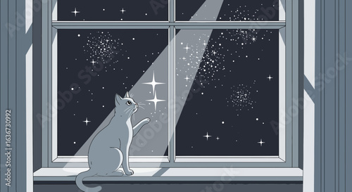Gray Cat Gazing at the Starry Night Sky from a Cozy Window Ledge