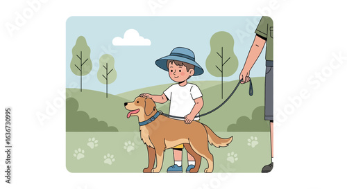 Joyful Afternoon: Boy and Golden Retriever Bonding During a Walk in the Park Together