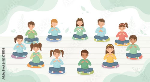 Group Of Children Practicing Meditation And Mindfulness For Calm In A Classroom